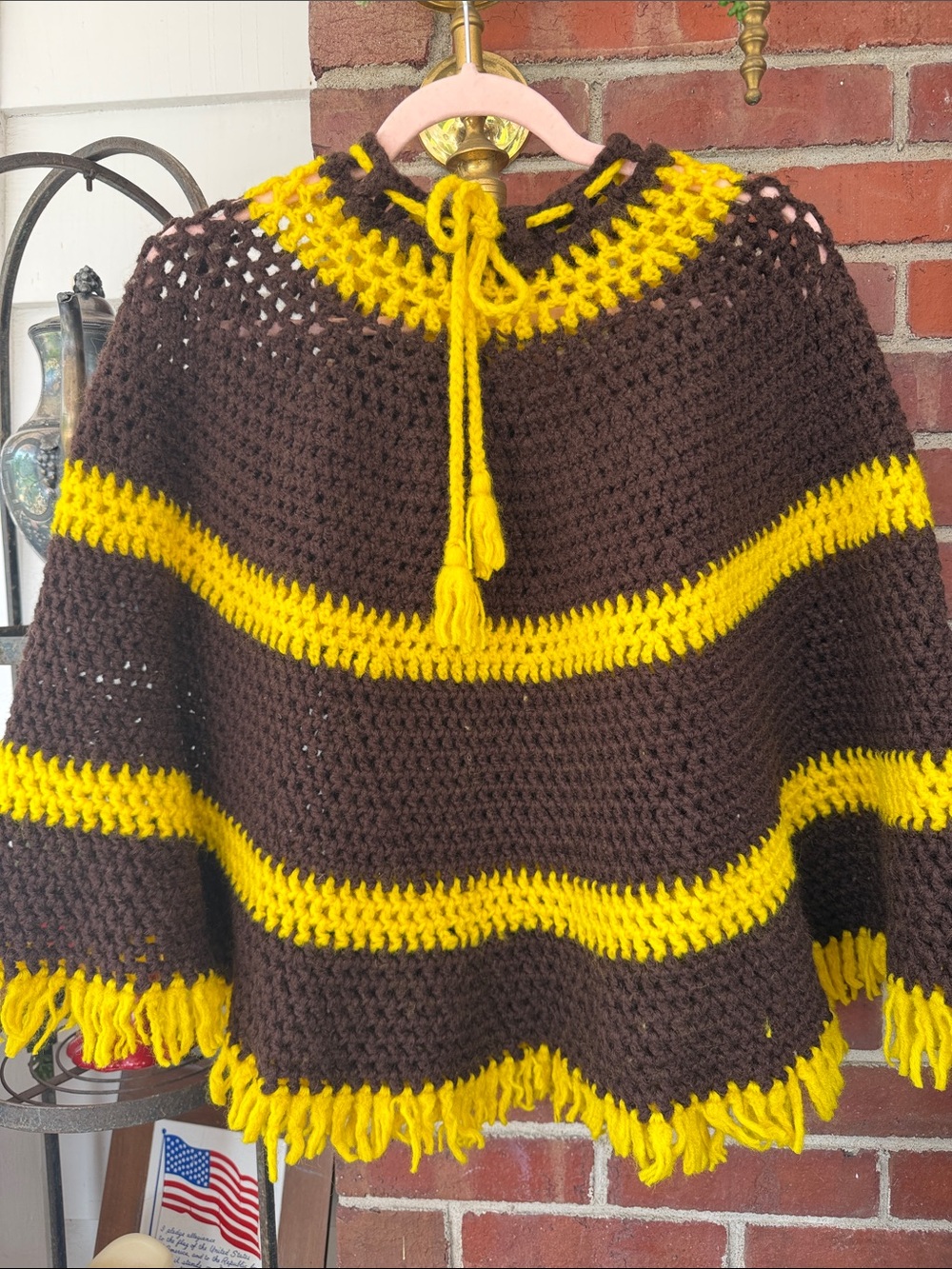 VTG Handmade Crochet Poncho – Brown & Yellow Striped Boho Fringe Cape